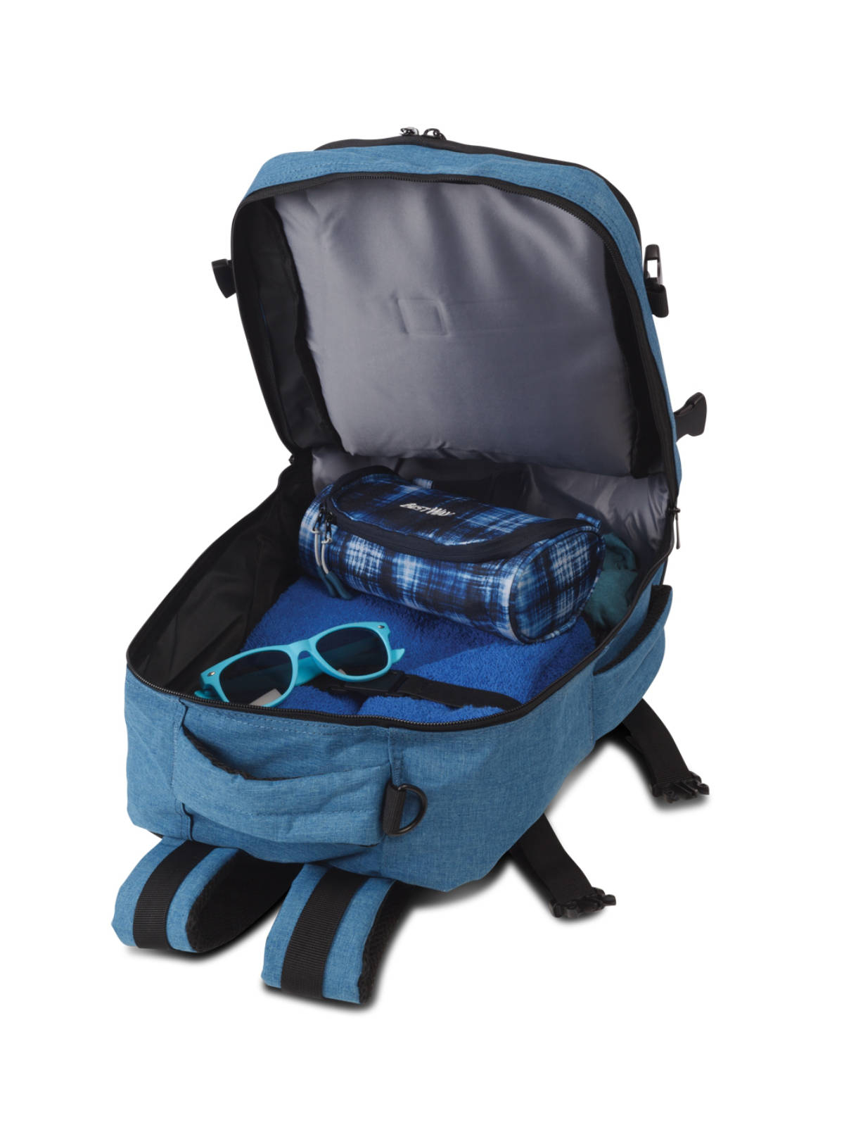 Ryanair Handgepäck Rucksack 40x20x25 cm blau mit Demo-Inhalt gefüllt